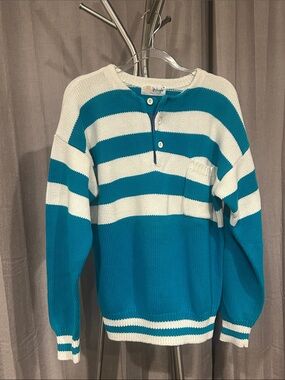 Pringle of Scotland Teal and White Striped Crewneck Sweater with pocket.